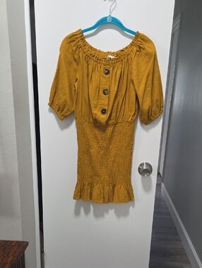 Zara Mustard Off-Shoulder Smocked Mini Dress